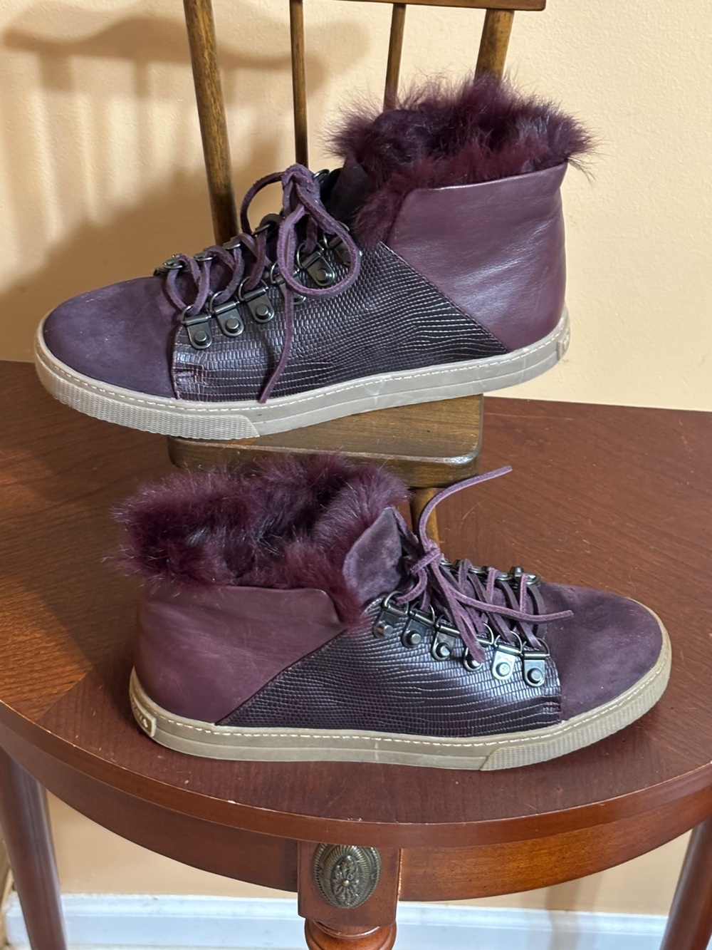 BCBGMAXAZRIA Plum Faux Fur High-Top Sneakers Size 6